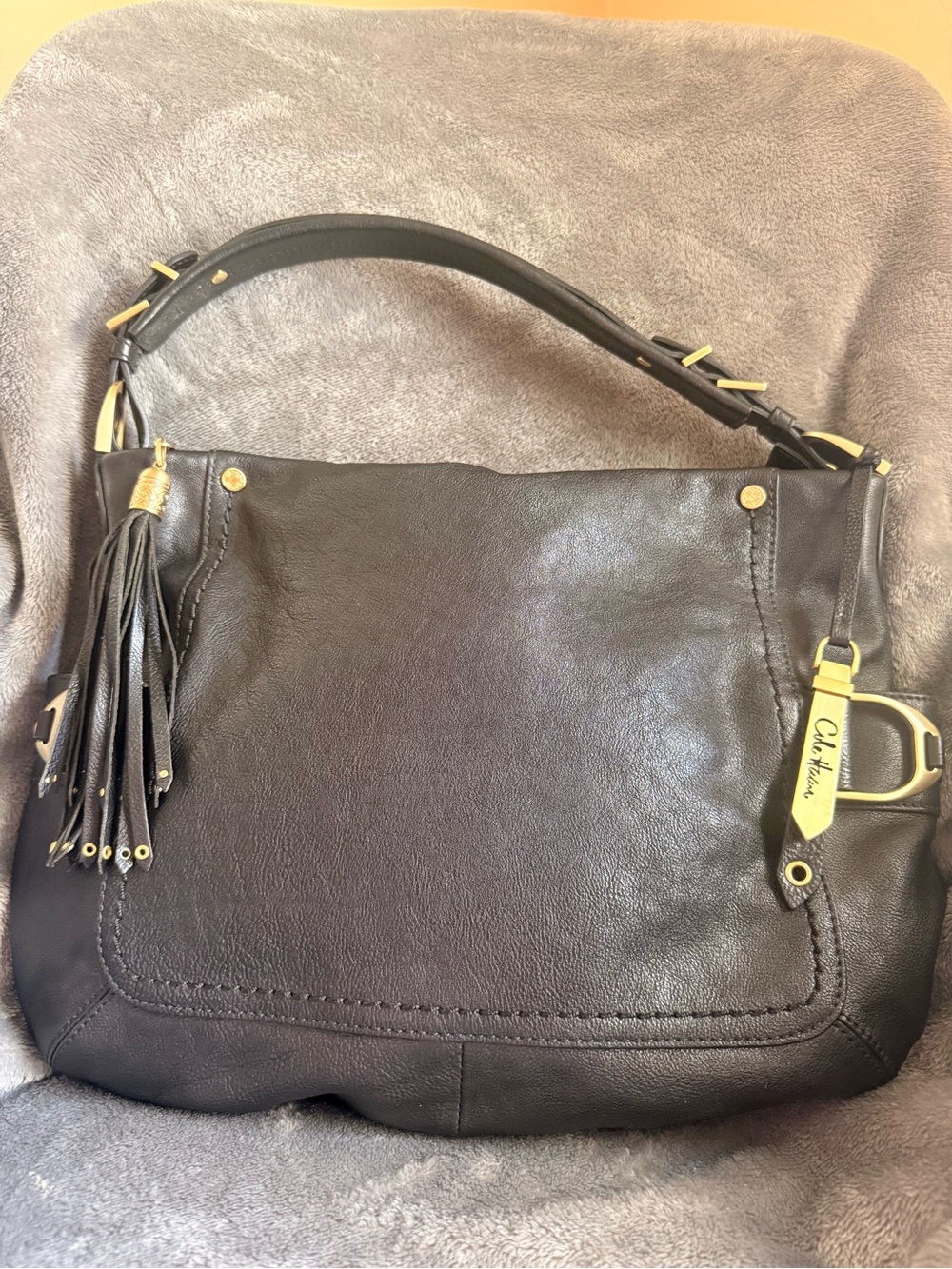 Cole Haan Black Leather Shoulder Bag with Tassel